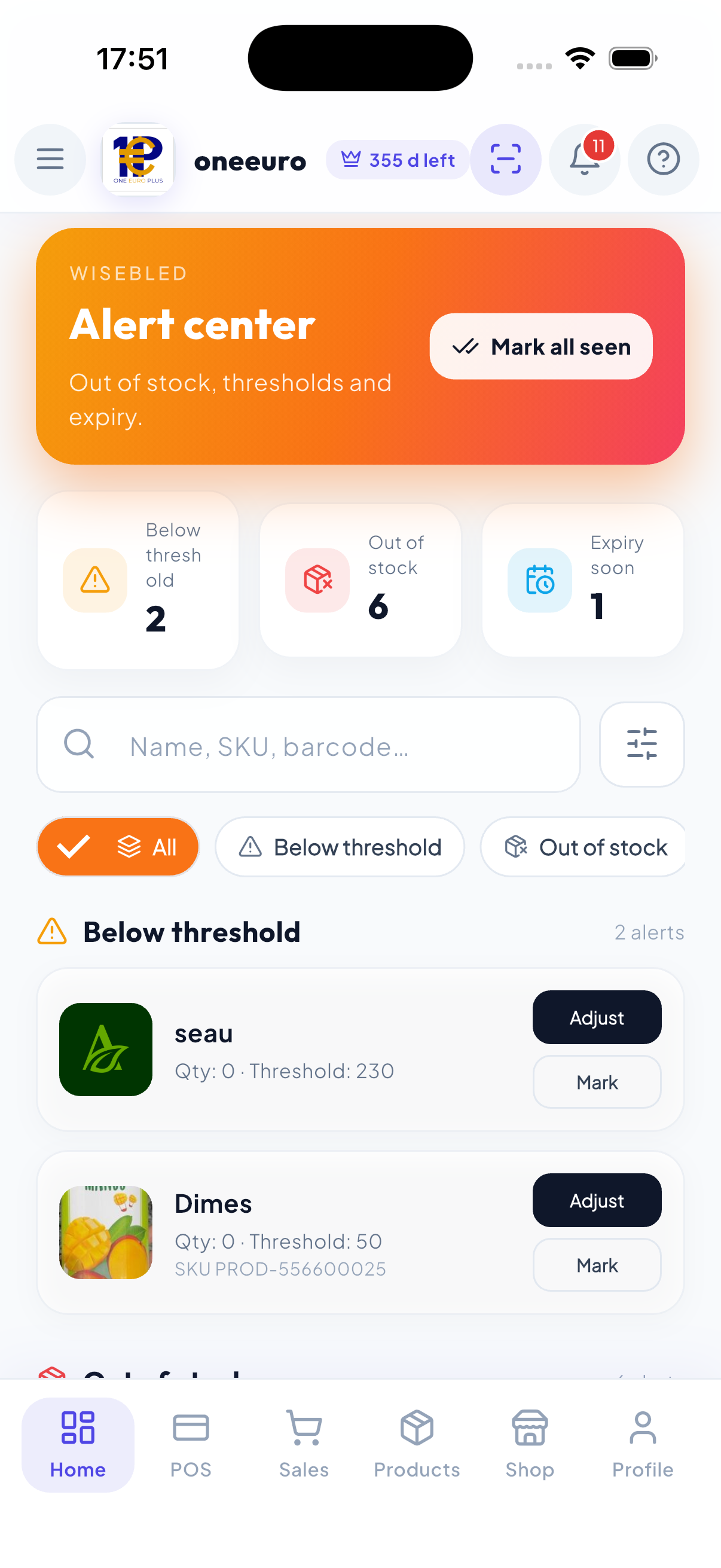 WiseBled alerts — stockouts, low thresholds and expiry with one-tap stock adjustment