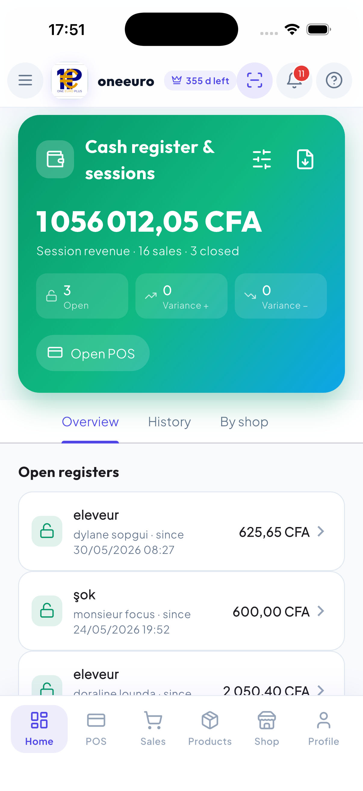 WiseBled register sessions — session revenue, open registers and daily close in FCFA