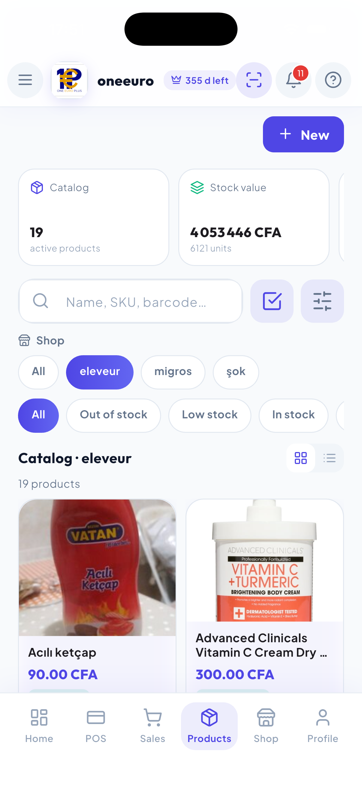 WiseBled catalog — 19 active products, 4M FCFA stock value, store filters and stockouts