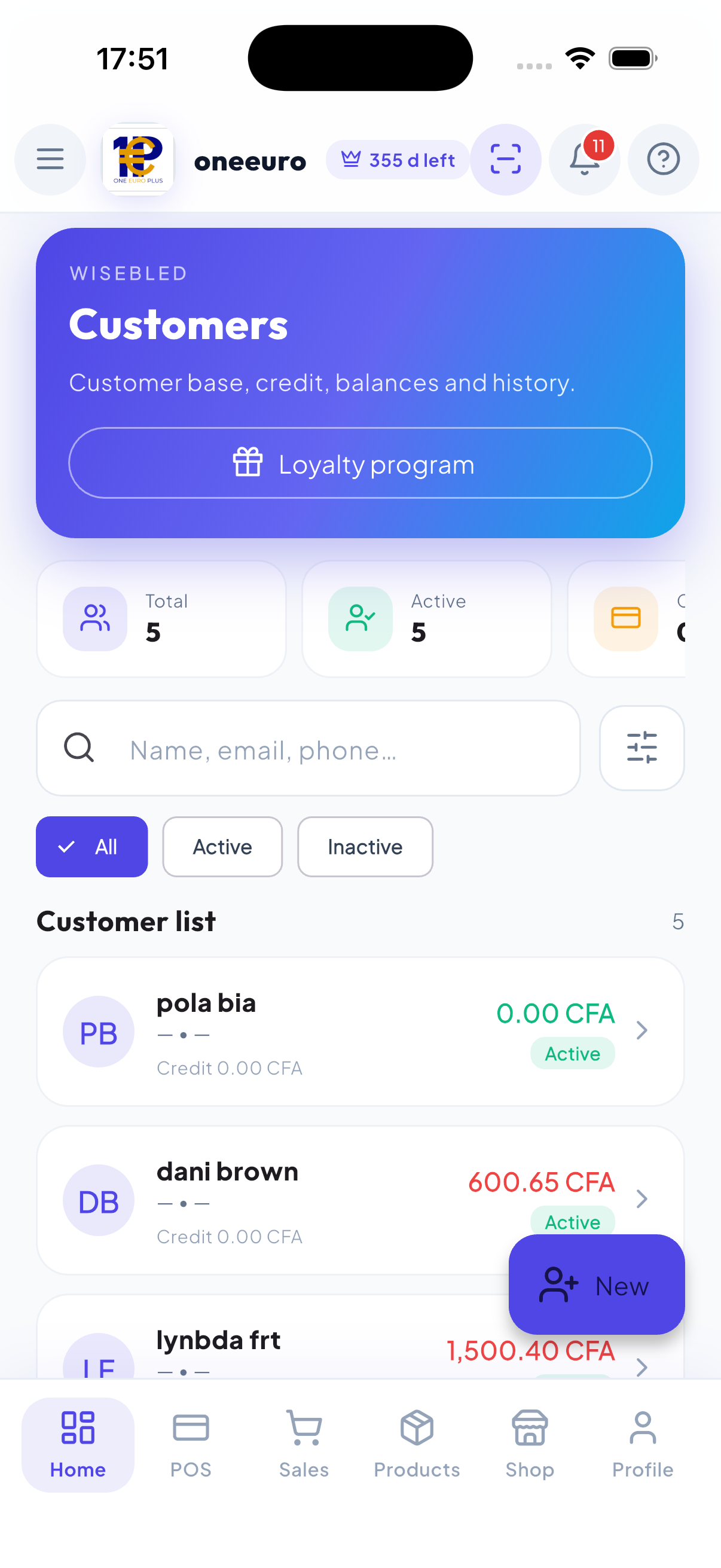 WiseBled customer base — balances, credit, loyalty program and purchase history in FCFA