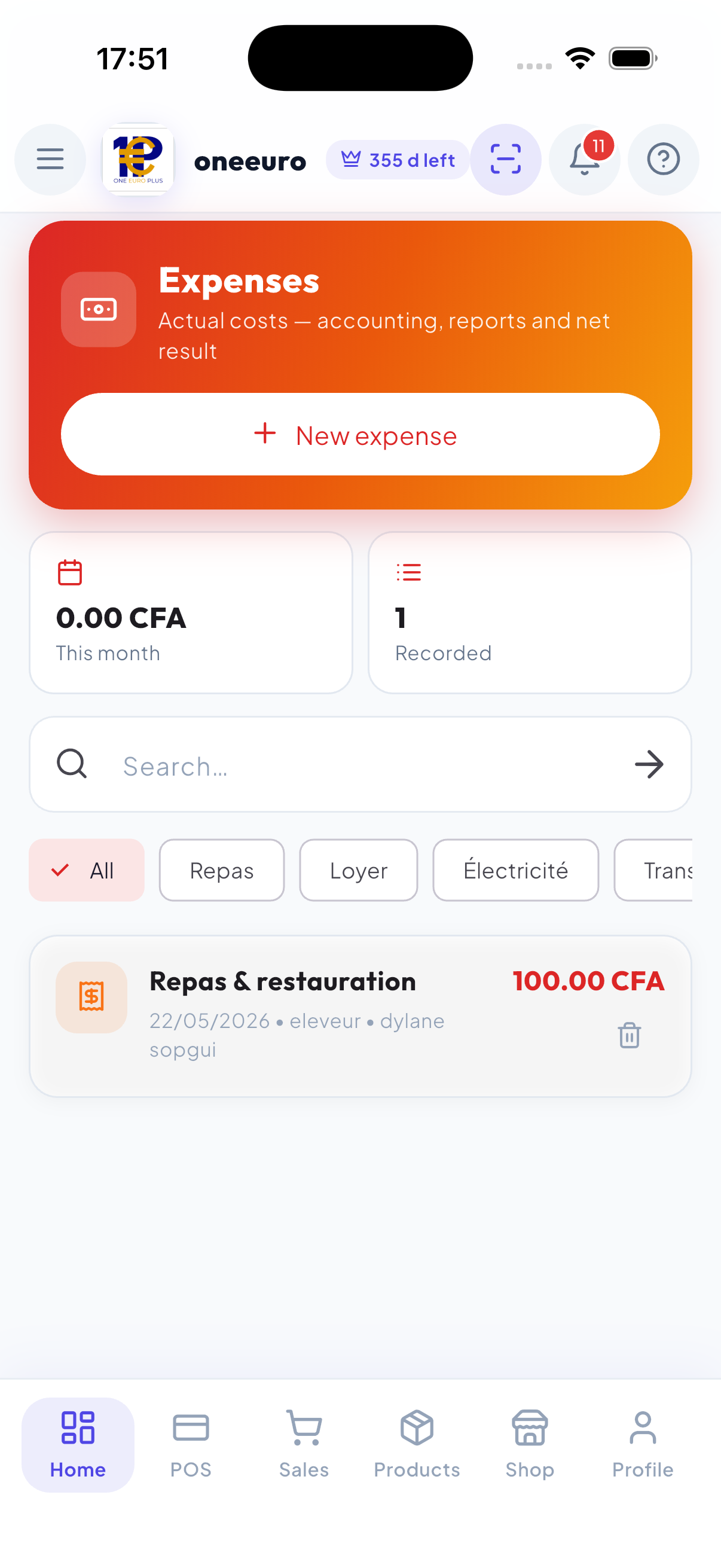 WiseBled expenses module — monthly costs, rent/meals categories and net result impact