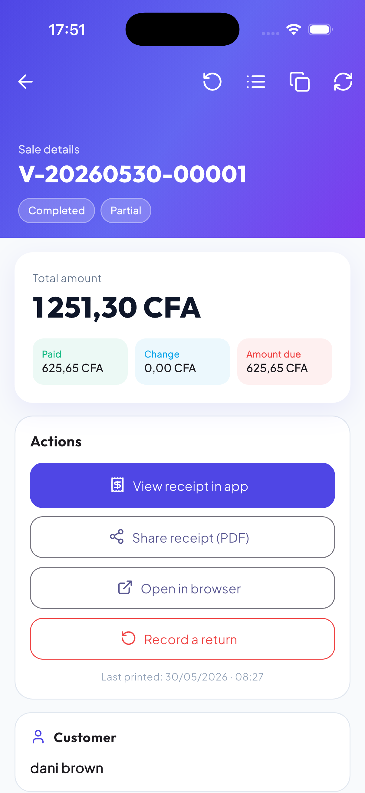 WiseBled sale sheet — amount, paid, balance due, PDF share and product return