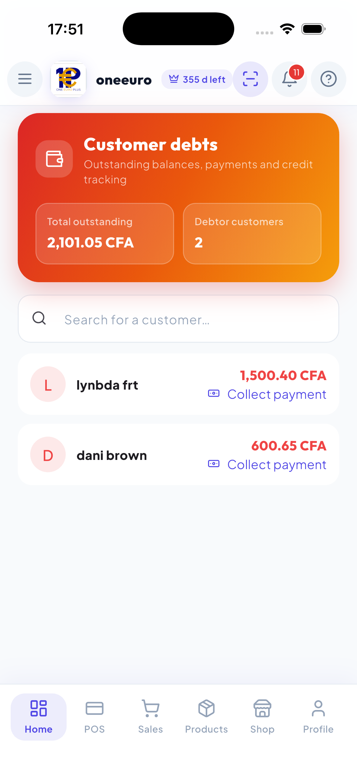 WiseBled customer debt tracking — total outstanding, debtor list and payment collection in FCFA