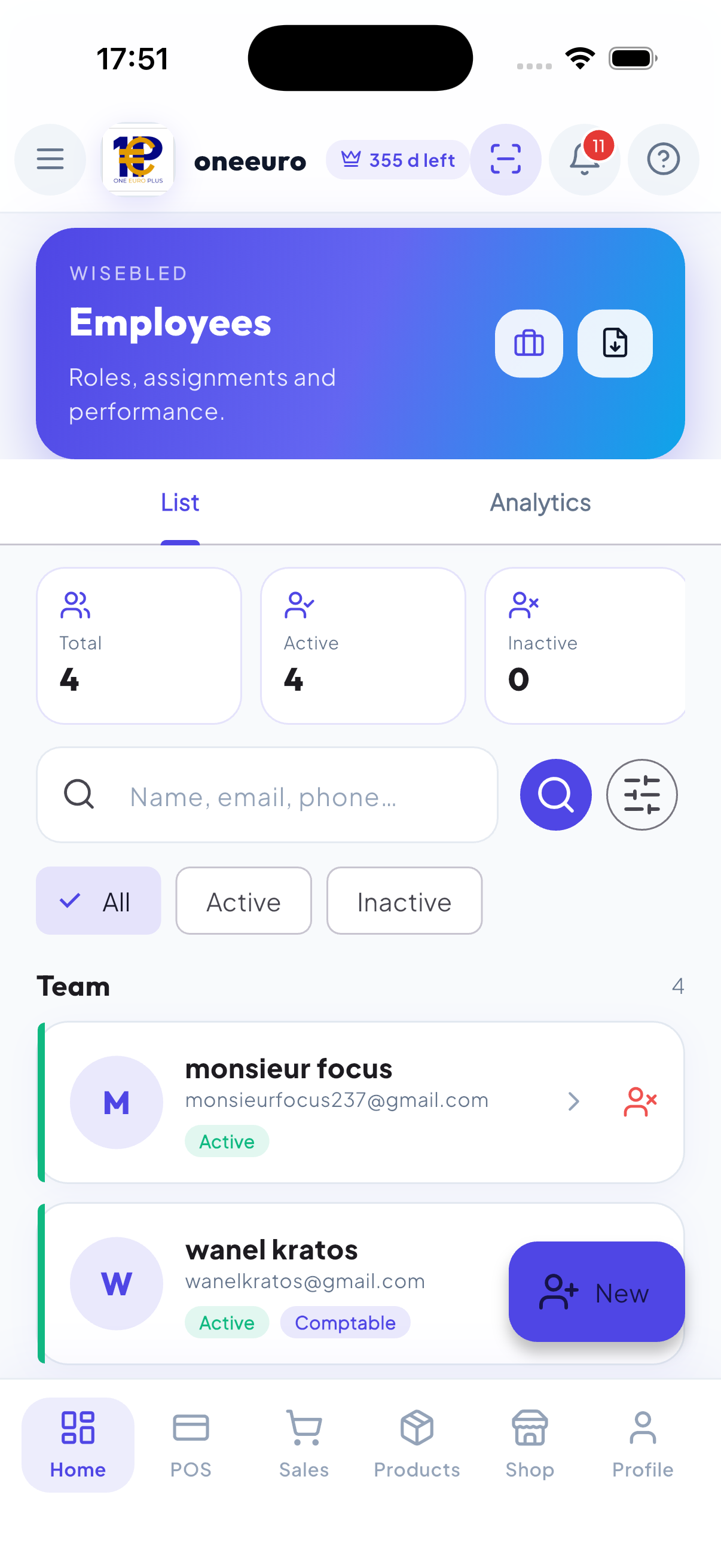 WiseBled team management — roles, permissions, performance and mobile employee accounts