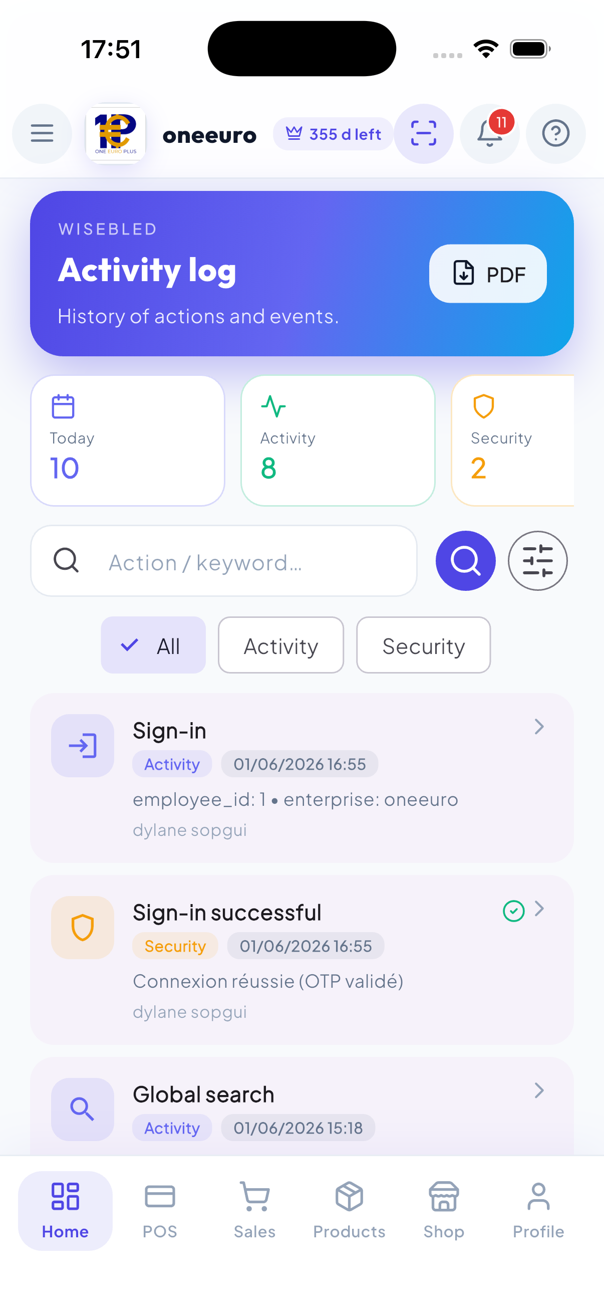 WiseBled audit — login history, staff actions, OTP security and PDF export