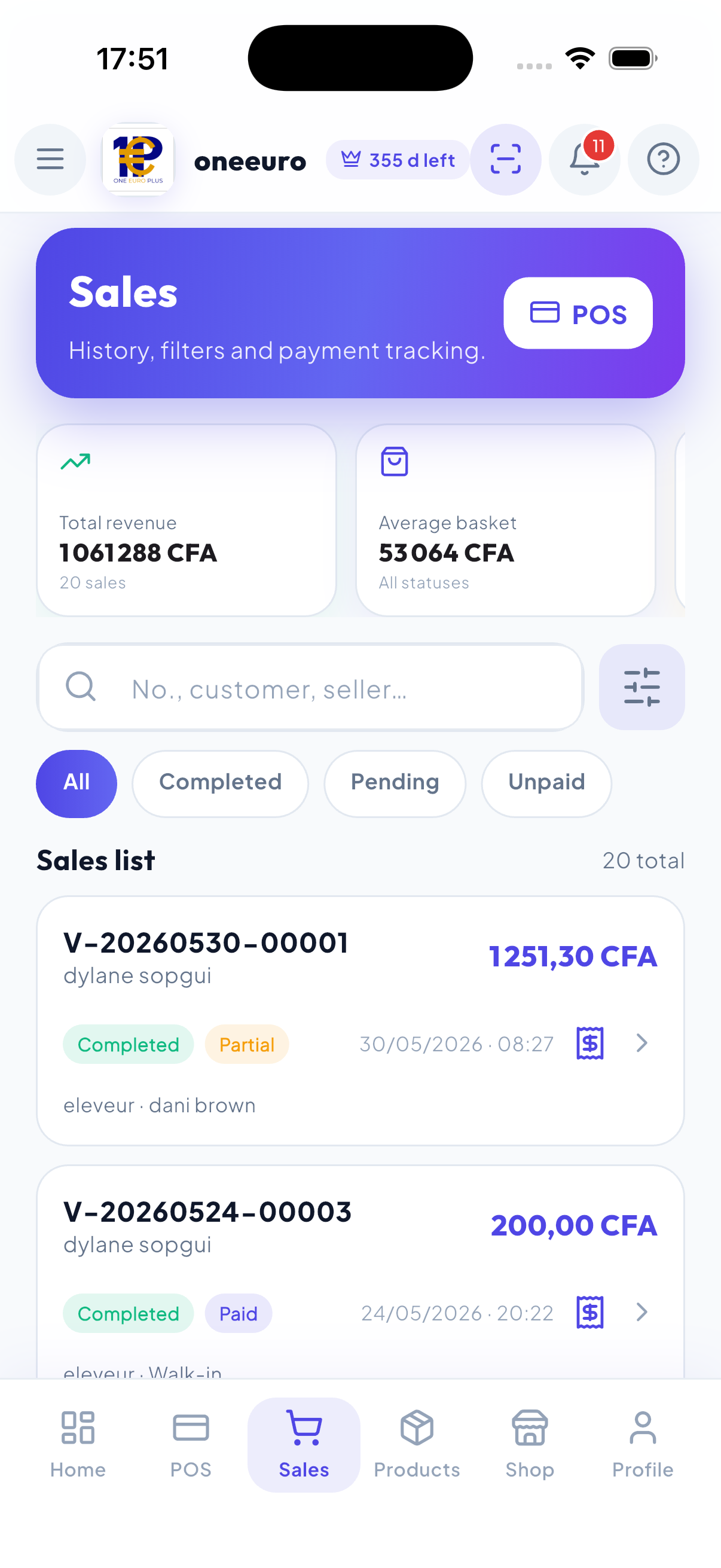 WiseBled sales list — total revenue, average basket, status filters and FCFA transactions