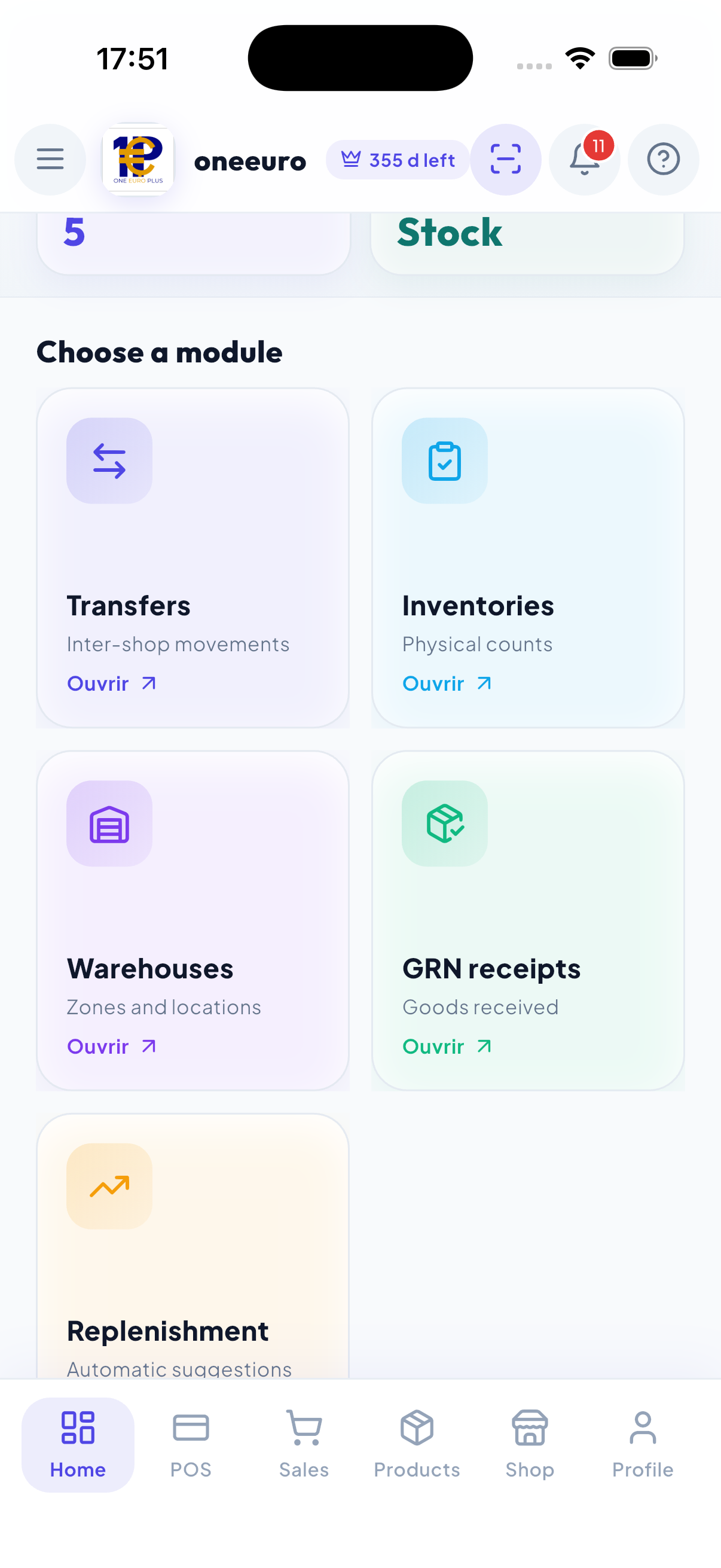 WiseBled logistics modules — inter-store transfers, physical counts, warehouses and GRN receipts