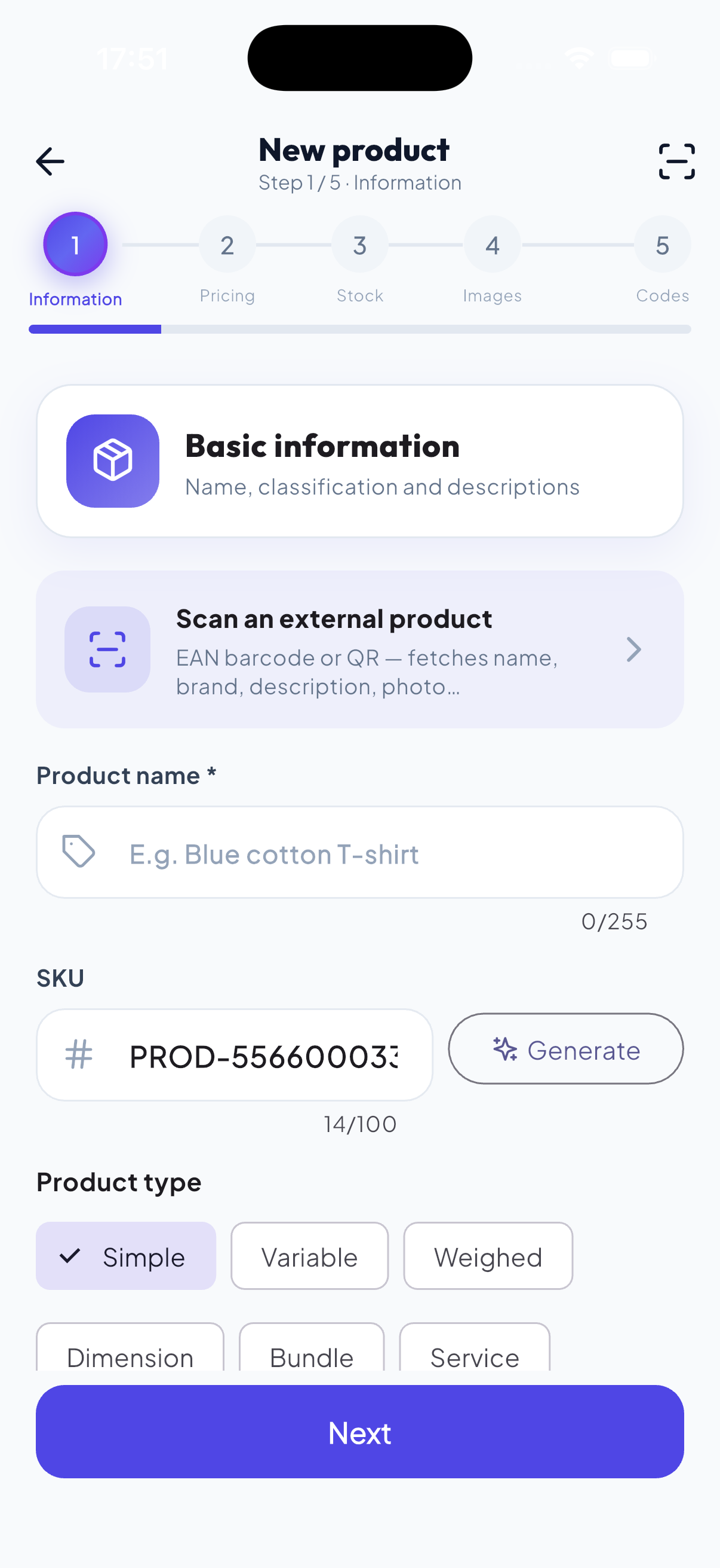 WiseBled new product wizard — 5 steps, external EAN scan and automatic SKU generation