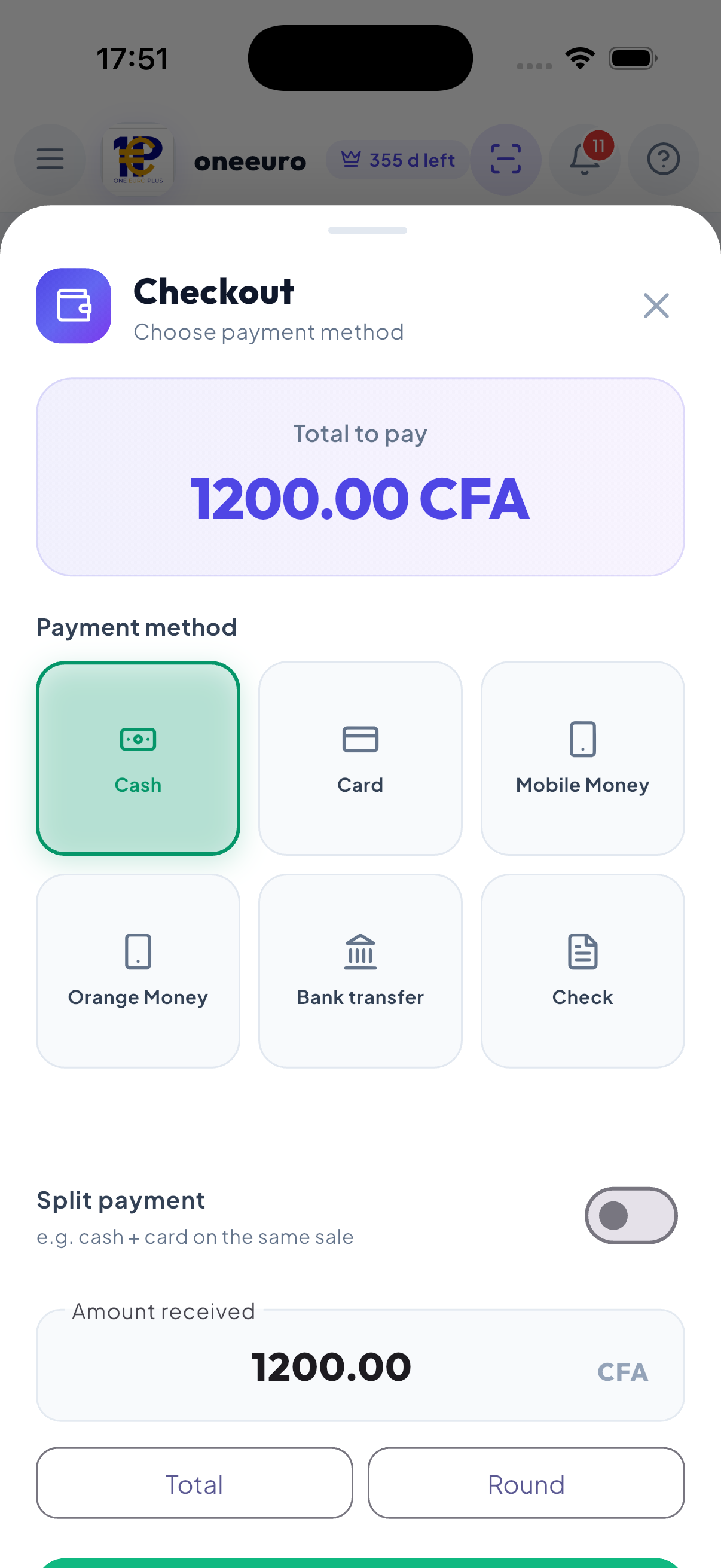 WiseBled checkout — cash, card, Mobile Money, Orange Money, bank transfer and split payment in FCFA