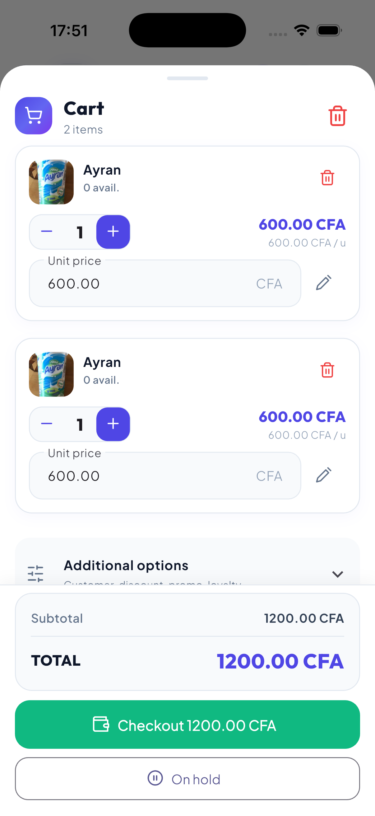 WiseBled cart — quantities, discounts, customer options and FCFA total before payment
