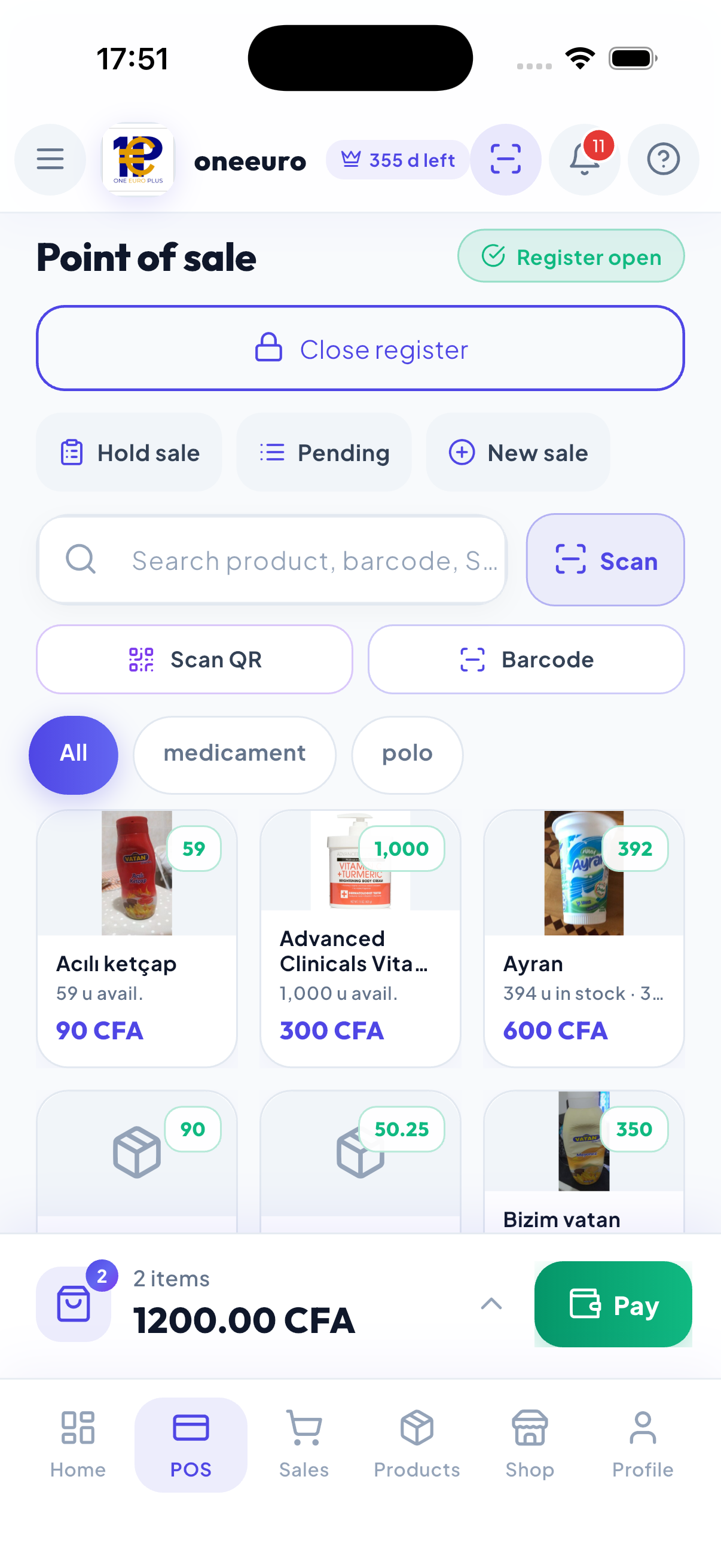 WiseBled point of sale on iPhone — product catalog, cart, open register and barcode scan