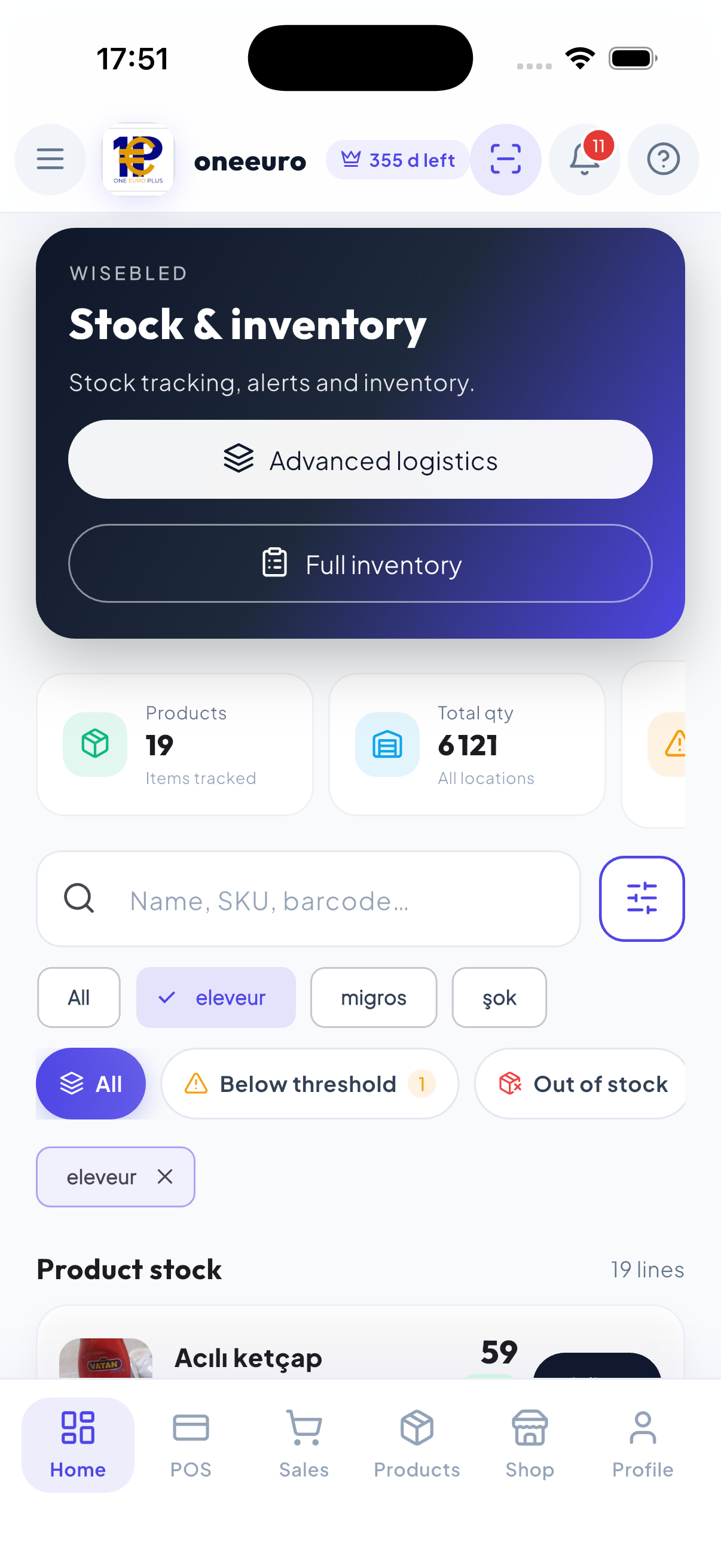 WiseBled stock management — 6121 units, threshold alerts, stockouts and per-store inventory