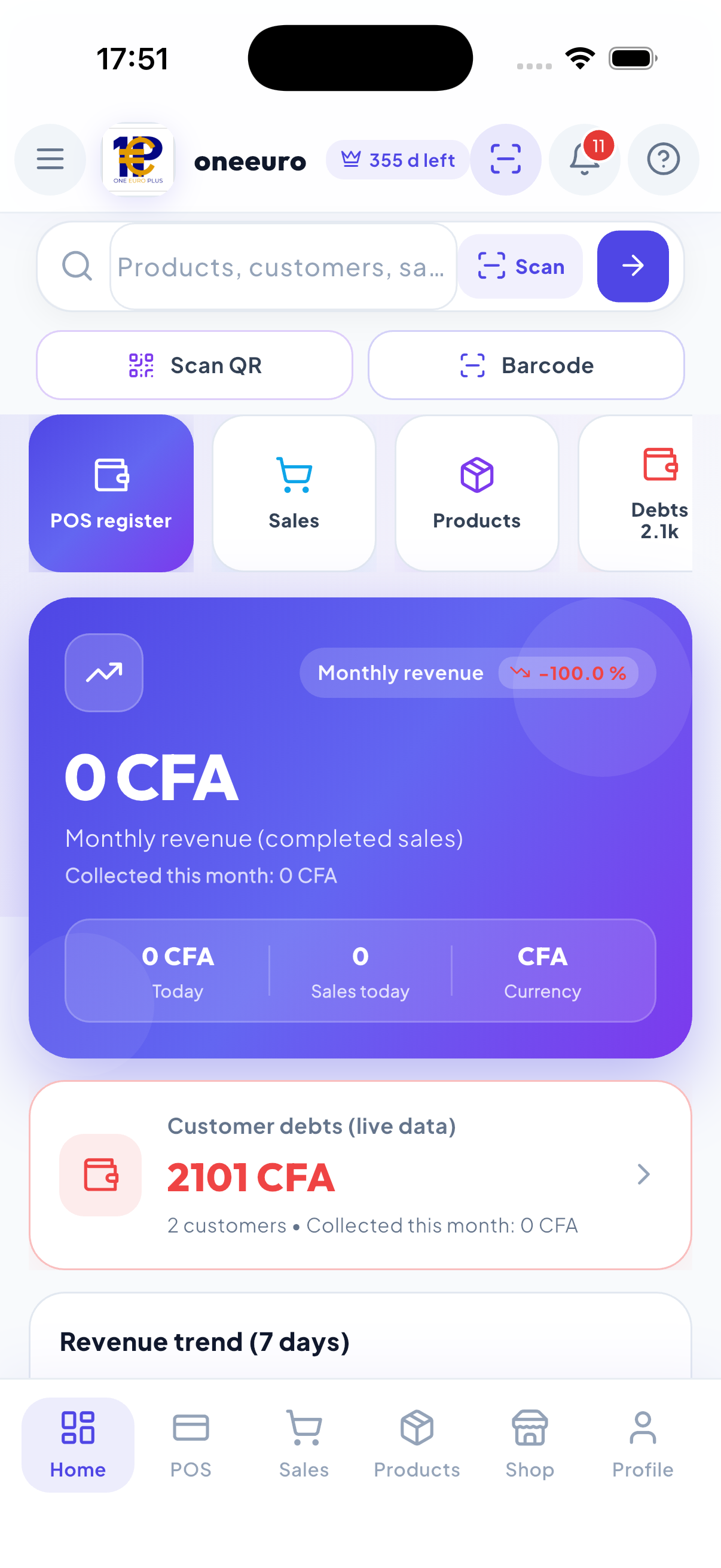 WiseBled iOS app — dashboard with monthly revenue, today's sales, customer debts and POS shortcuts in FCFA