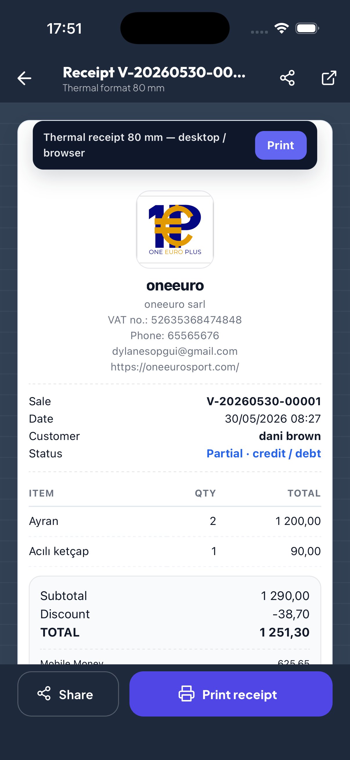 WiseBled thermal receipt 80 mm with QR code, line items and FCFA total