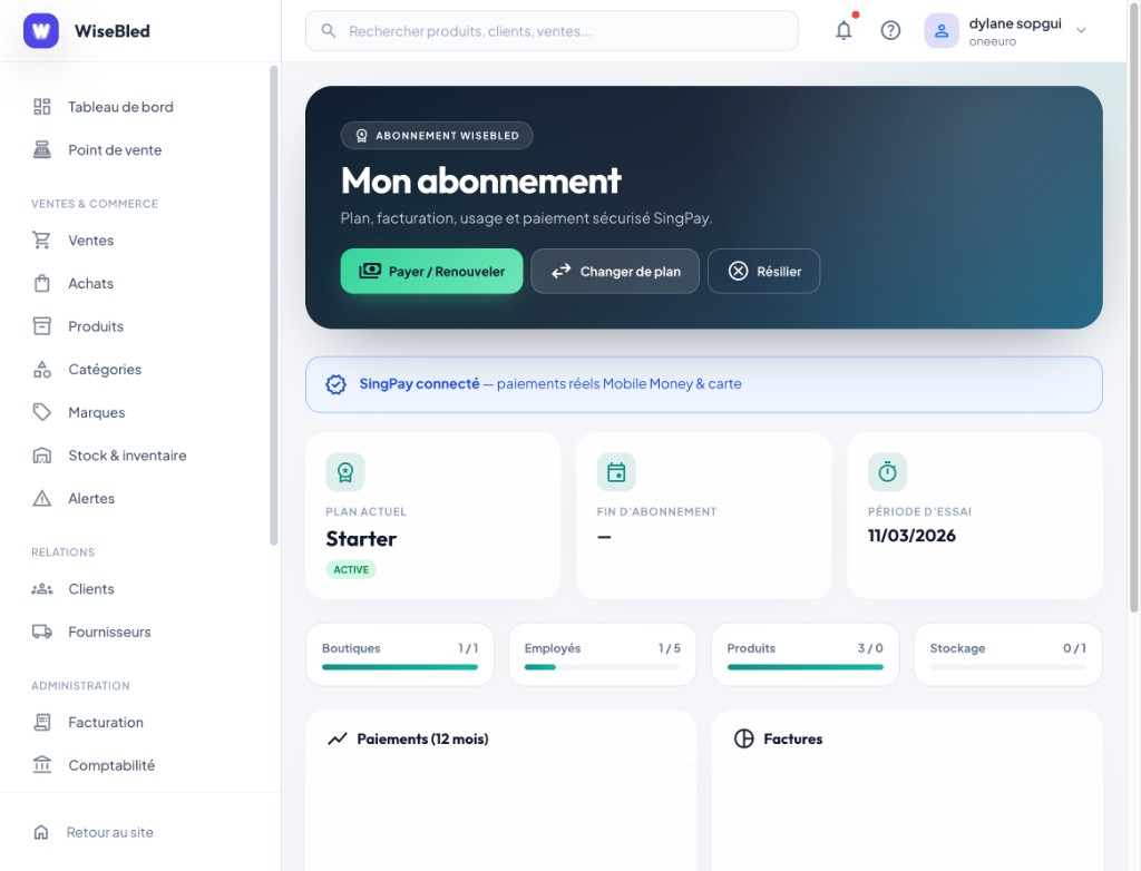 WiseBled subscription area — staff, stores, products and SaaS plan limits