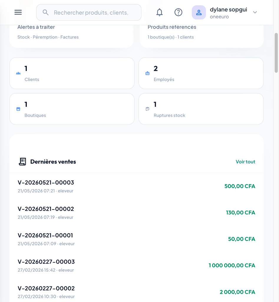 WiseBled dashboard — recent sales, customer debt, alerts and FCFA transaction history