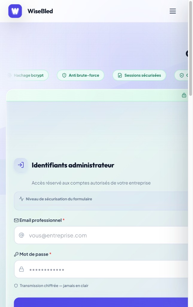 WiseBled login page — admin authentication, bcrypt hashing, anti brute-force and secure sessions
