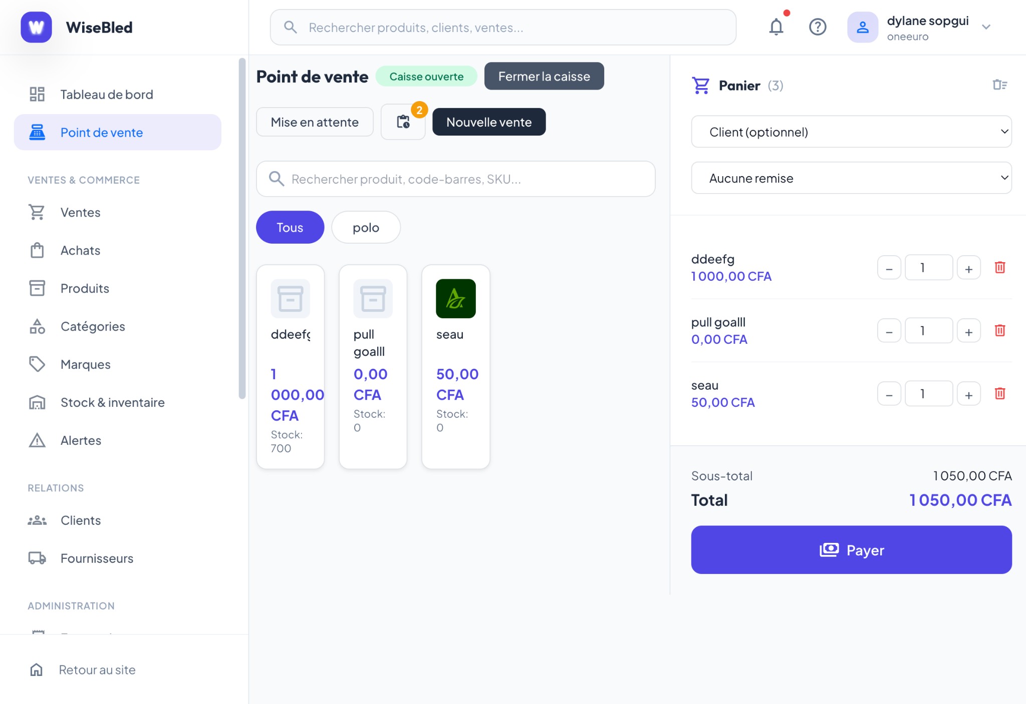 WiseBled point of sale — product grid, cart and FCFA payment in the browser