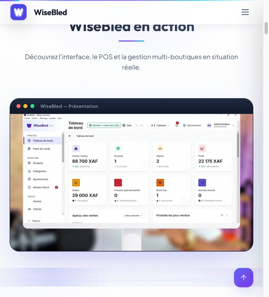 WiseBled Cloud dashboard — sales, profit, low stock and expiry alerts in FCFA