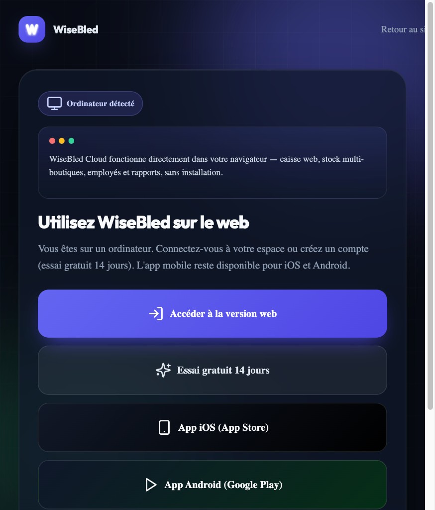 WiseBled download page — App Store Google Play redirect or cloud web access 14-day trial